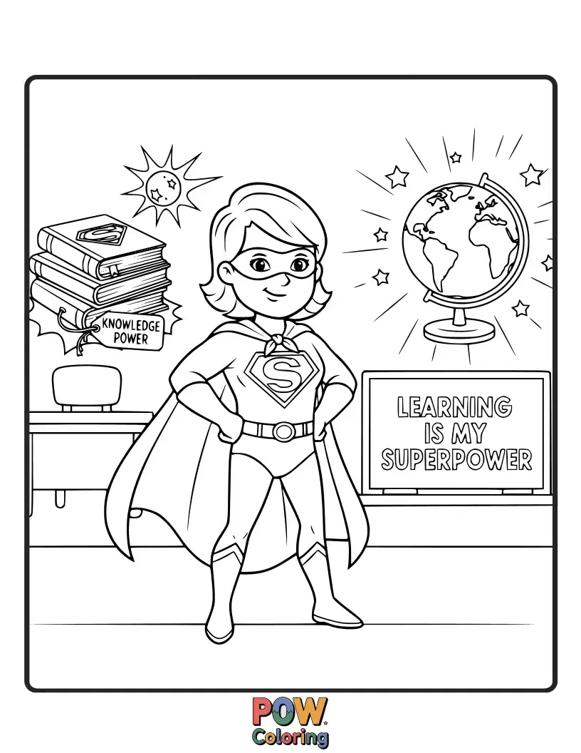 Free coloring page of A teacher in a cape, balancing a book and a clipboard, with a city skyline behind them. Celebrates their heroic efforts.