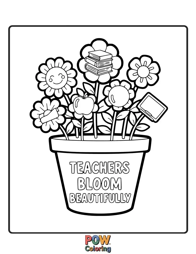 Free coloring page of A teacher watering a garden of books and pencils that are sprouting flowers. Symbolizes growth and creativity in the classroom.