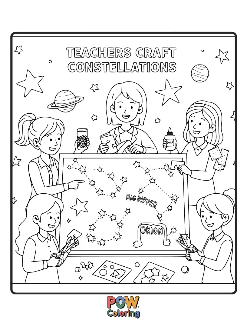 Free coloring page of A teacher drawing constellations in the night sky, where each star is a glowing idea. Mapping out brilliant thoughts and discoveries.