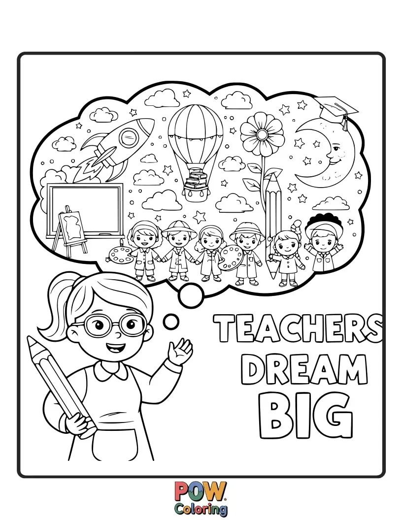 Free coloring page of A whimsical scene of a teacher floating amongst clouds with crayons and inspiring quotes. Encourages aspirations and imagination.