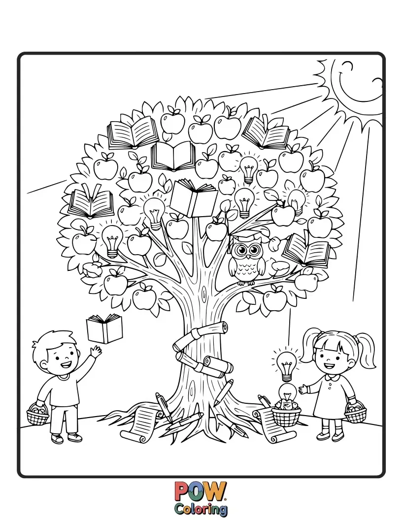 Free coloring page of A scarecrow dressed as a teacher, surrounded by oversized books and a field of knowledge. A playful take on reaping rewards.