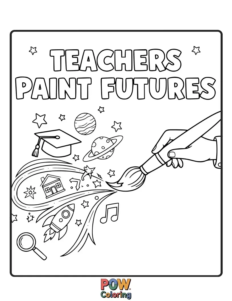 Free coloring page of A palette with vibrant colors and paintbrushes transforming into building blocks and graduation caps. Emphasizes shaping tomorrow.