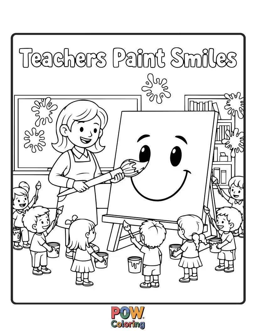 Free coloring page of A teacher holding a paintbrush, creating colorful smiley faces on a blank canvas. Spreading joy and enthusiasm for learning.