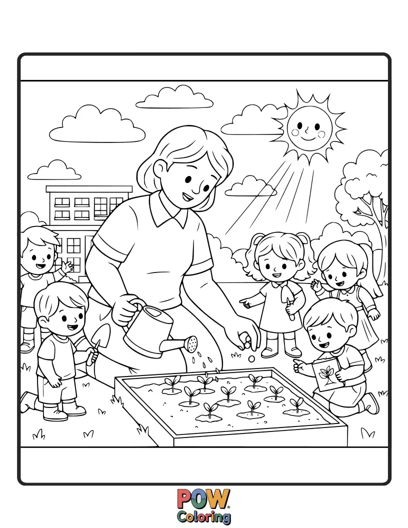 Free coloring page of A heartwarming image of a teacher's hands planting tiny saplings labeled "ideas" and "curiosity." Symbolizes nurturing young minds.