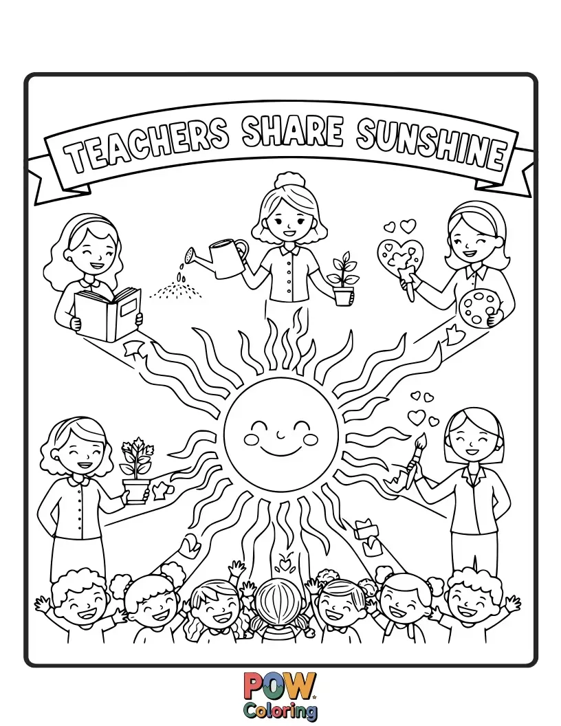 Free coloring page of A smiling sun with glasses, holding a diploma and radiating warm rays onto a classroom. Spreading positivity and enlightenment.