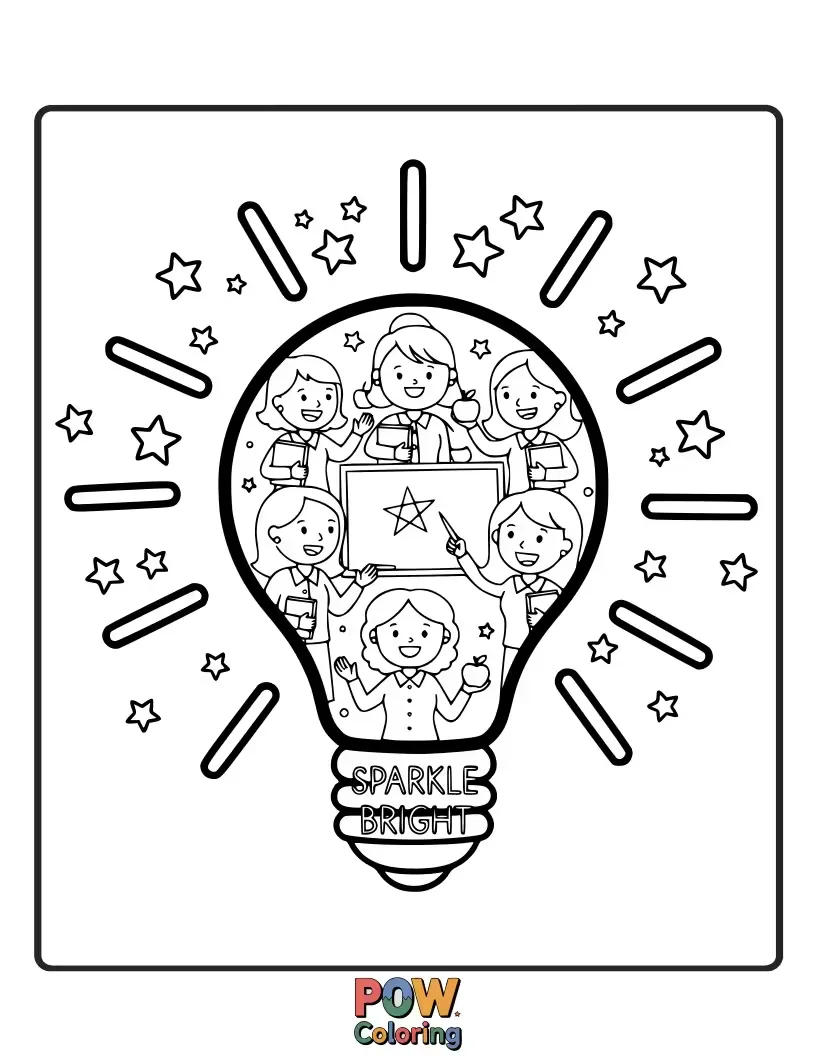 Free coloring page of A magical pencil showering stars upon a smiling apple. Represents the brilliance and wonder teachers bring to learning.