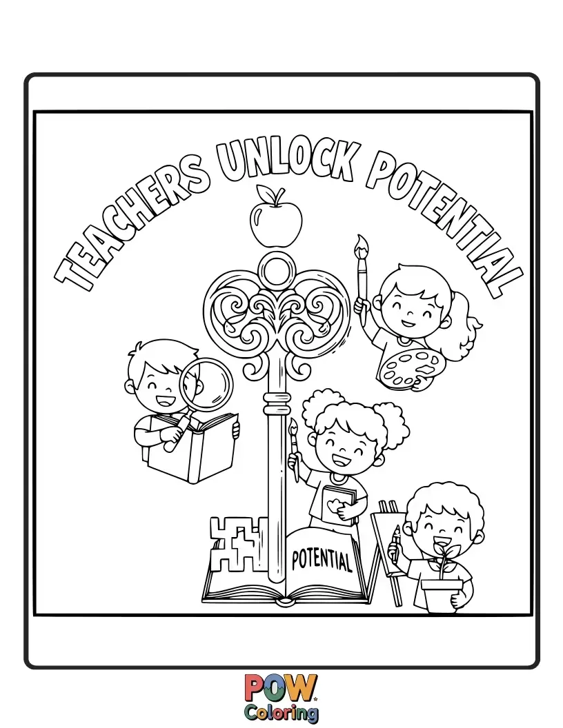 Free coloring page of A golden key shaped like a quill unlocking a treasure chest overflowing with books and stars. Represents discovery and hidden talents.