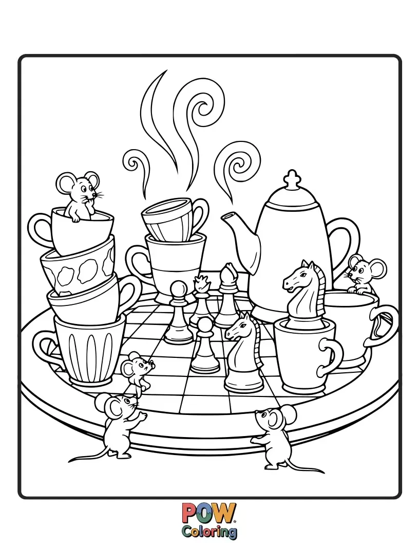 Free coloring page of Tiny, adorable creatures playing chess within oversized teacups, using sugar cubes as pawns and spoons as pieces.