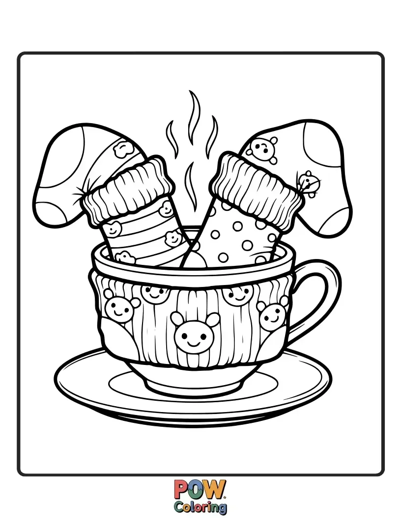 Free coloring page of Enjoy a warm hug for your feet with these charming socks, shaped like steaming teacups and saucers.
