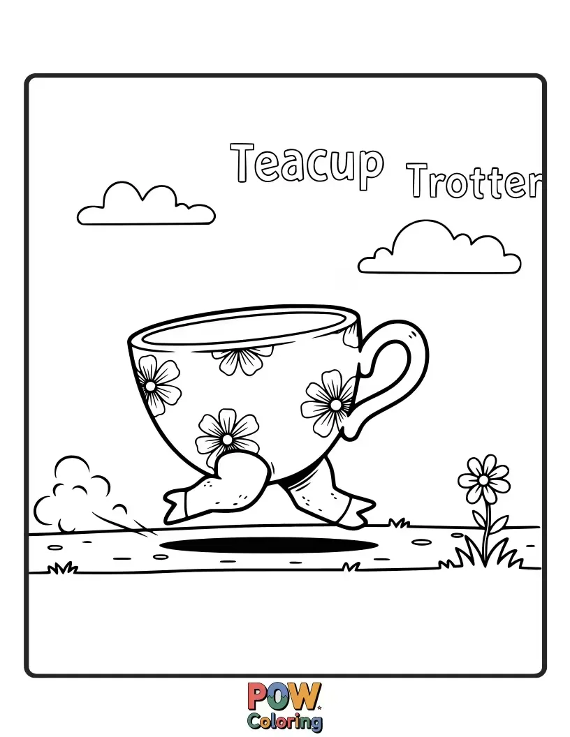 Free coloring page of A miniature horse peeking out of a giant teacup, surrounded by tiny flowers and sweet treats.