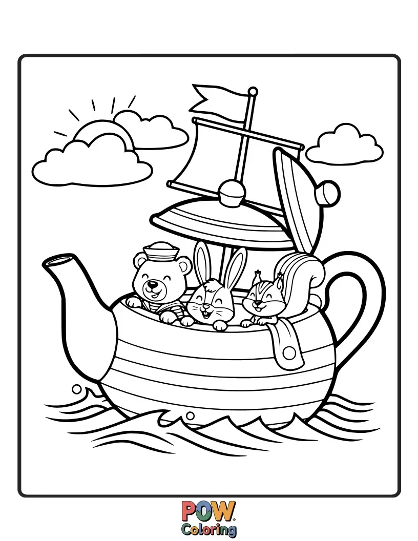 Free coloring page of A charmingly small dinghy crafted from a vintage teapot, perfect for a solitary, peaceful voyage on a calm pond.