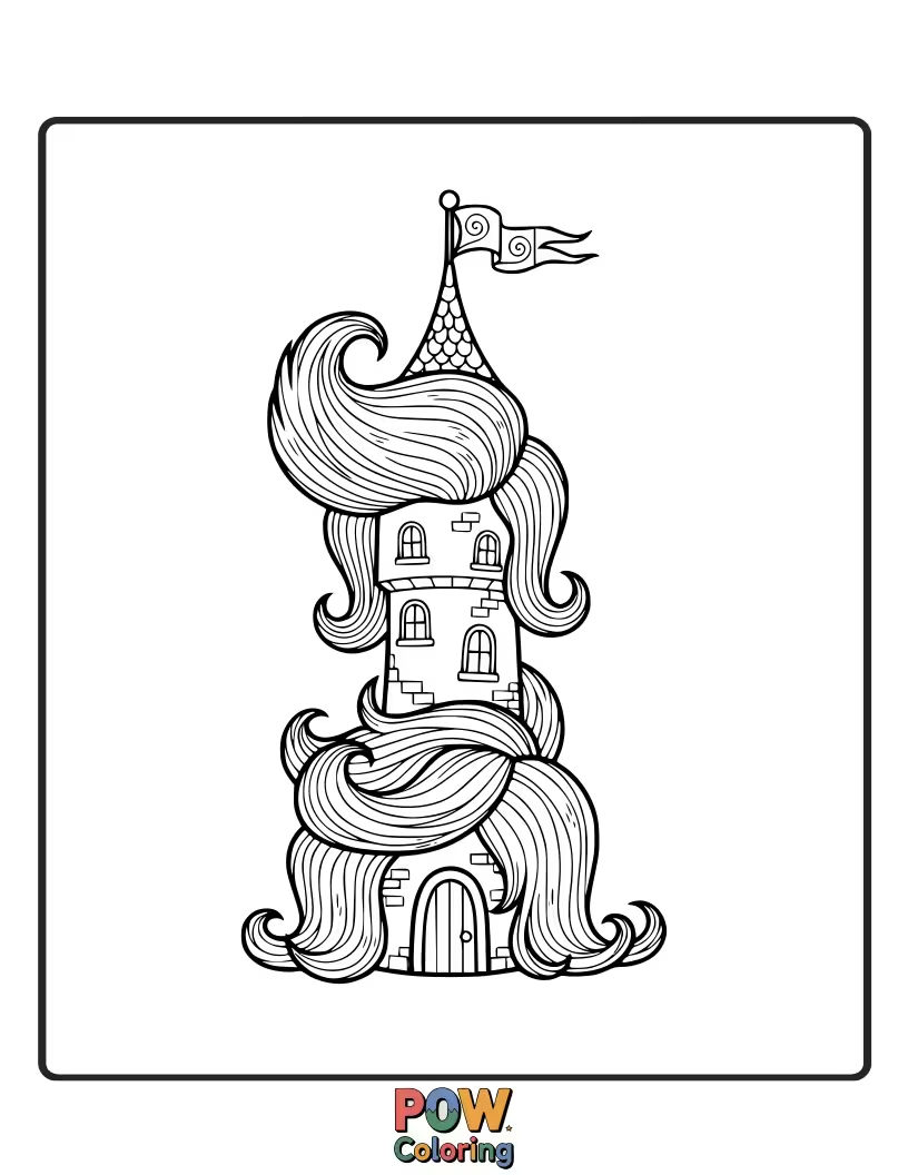 Free coloring page of A hilariously tall, teased hairstyle reaching for the sky.