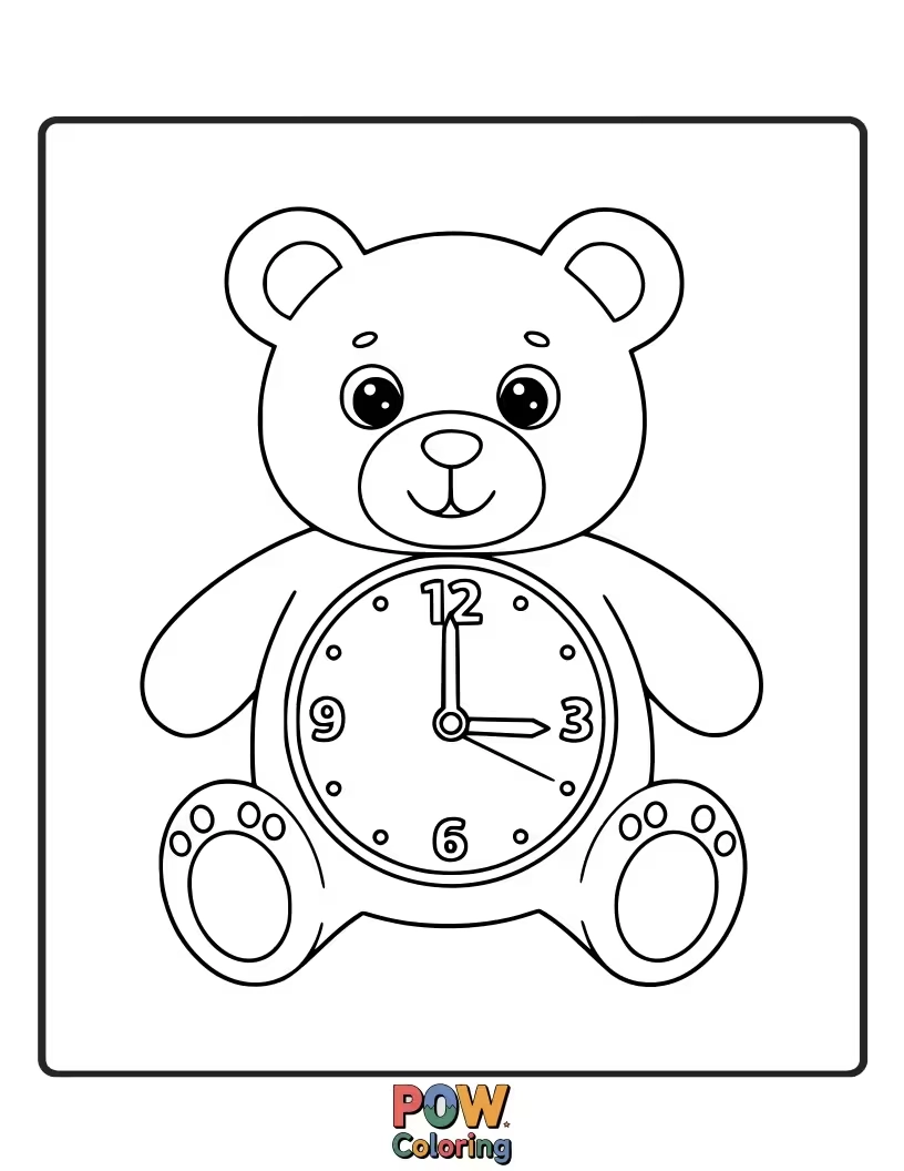 Free coloring page of A soft and cuddly clock featuring adorable teddy bears at each hour.