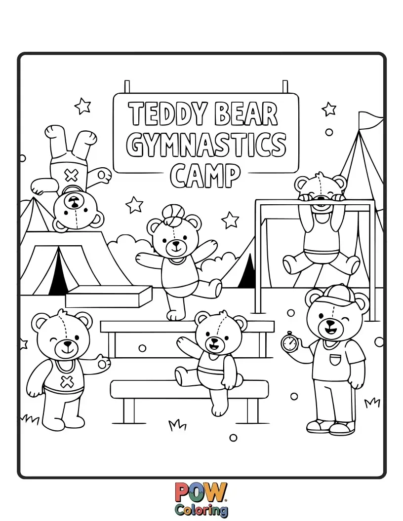 Free coloring page of A group of cuddly teddy bears learning and practicing various gymnastics skills in a cozy, decorated gym.