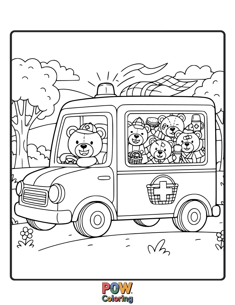 Free coloring page of A cozy ambulance carrying picnic baskets for teddy bears needing a fun outing.