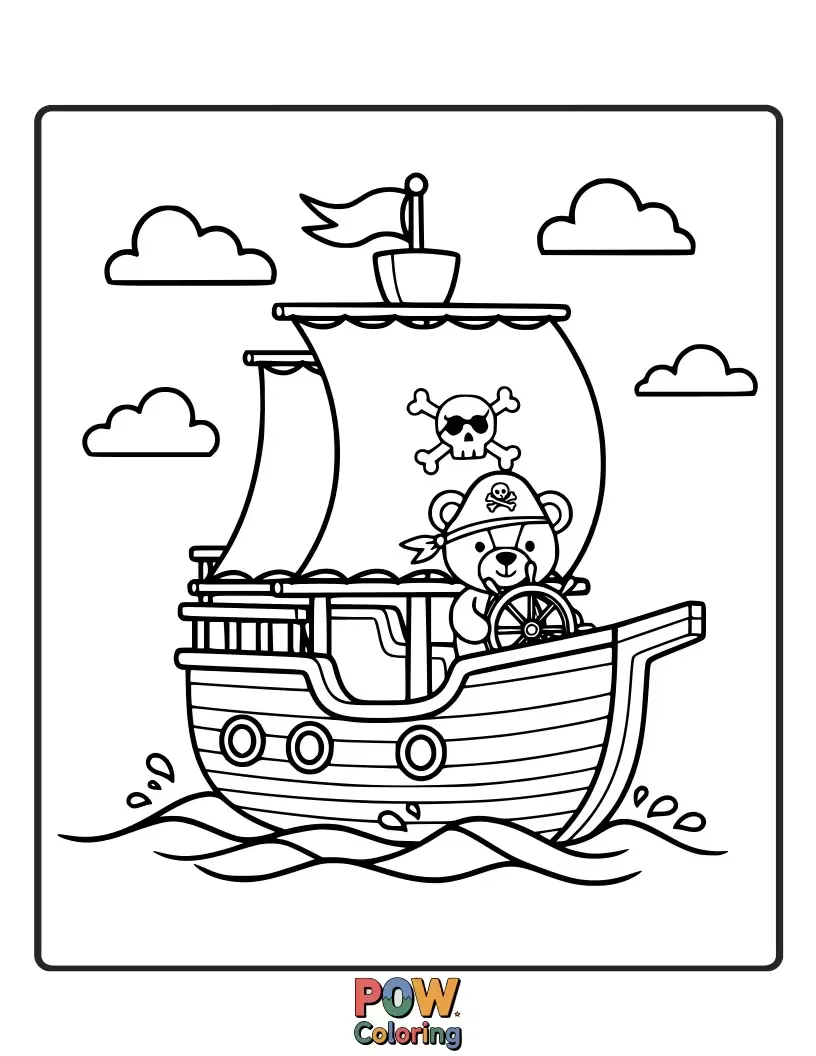 Free coloring page of Adorably fierce teddy bears manning a cozy pirate ship, searching for honey pots and sweet treasures. Arrr, matey!