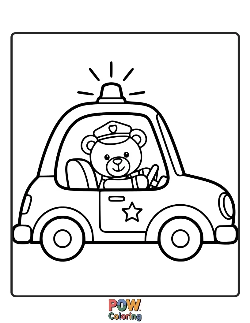 Free coloring page of Teddy bear police car, cuddly, driven by a friendly teddy bear, ensuring safety with gentle patrols and hugs.