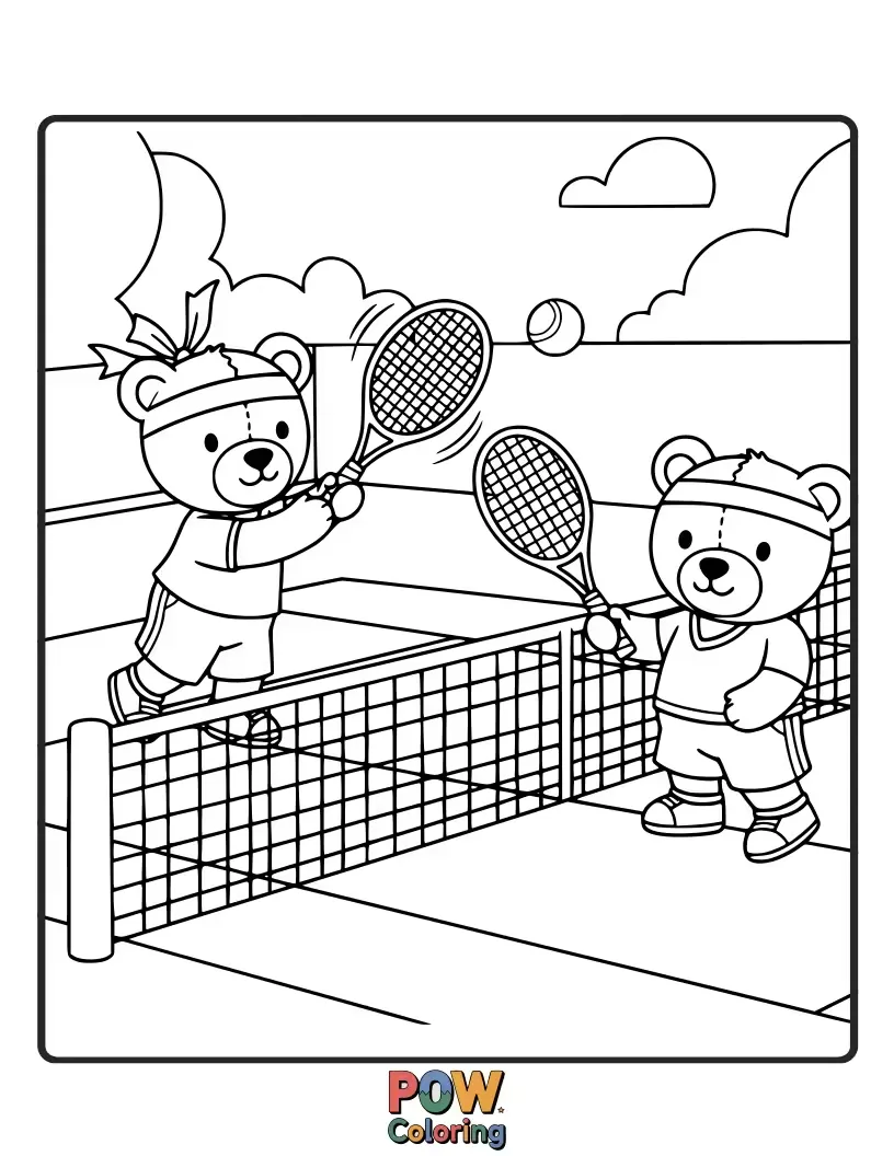 Free coloring page of Two adorable teddy bears in matching outfits playing a doubles match with a giant teddy bear racket.