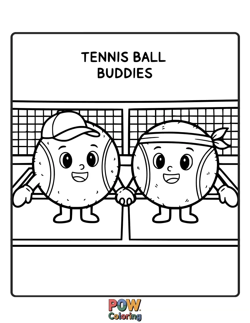 Free coloring page of Two cheerful tennis balls high-fiving after a winning rally, surrounded by happy little stars and a smiley sun.
