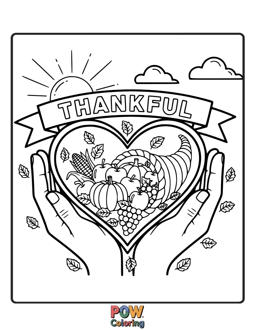 Free coloring page of A large, stylized heart filled with Thanksgiving symbols like leaves, acorns, and a tiny turkey. Pure gratitude!