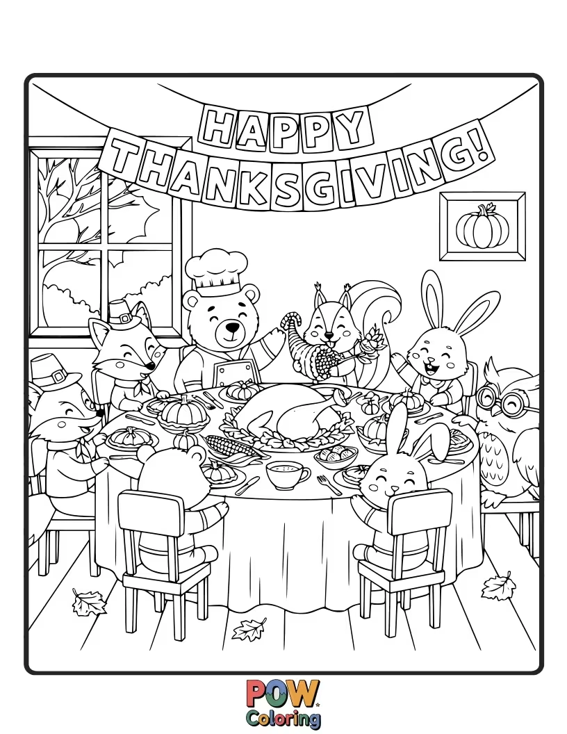 Free coloring page of Adorable woodland creatures gather around a bountiful table, sharing food and smiles. A heartwarming scene of gratitude and friendship.