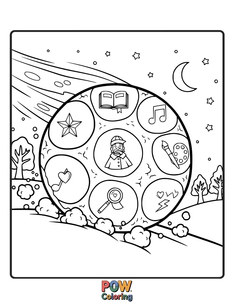 Free coloring page of The Sensational Six (Mickey, Minnie, Donald, Daisy, Goofy, Pluto) are caught in a giant snowball fight.