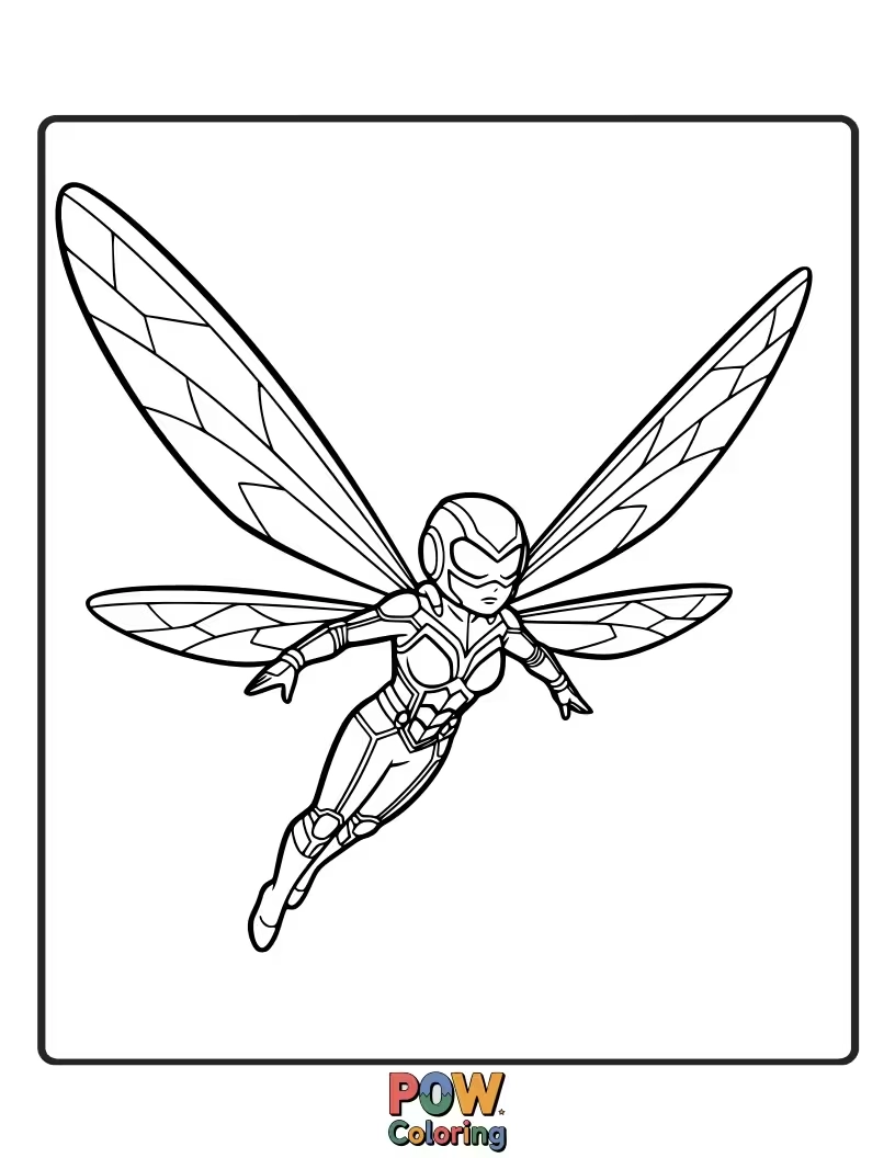 Free coloring page of Hope van Dyne as The Wasp, with detailed wings and her bio-blasting suit. Imagine vibrant colors!