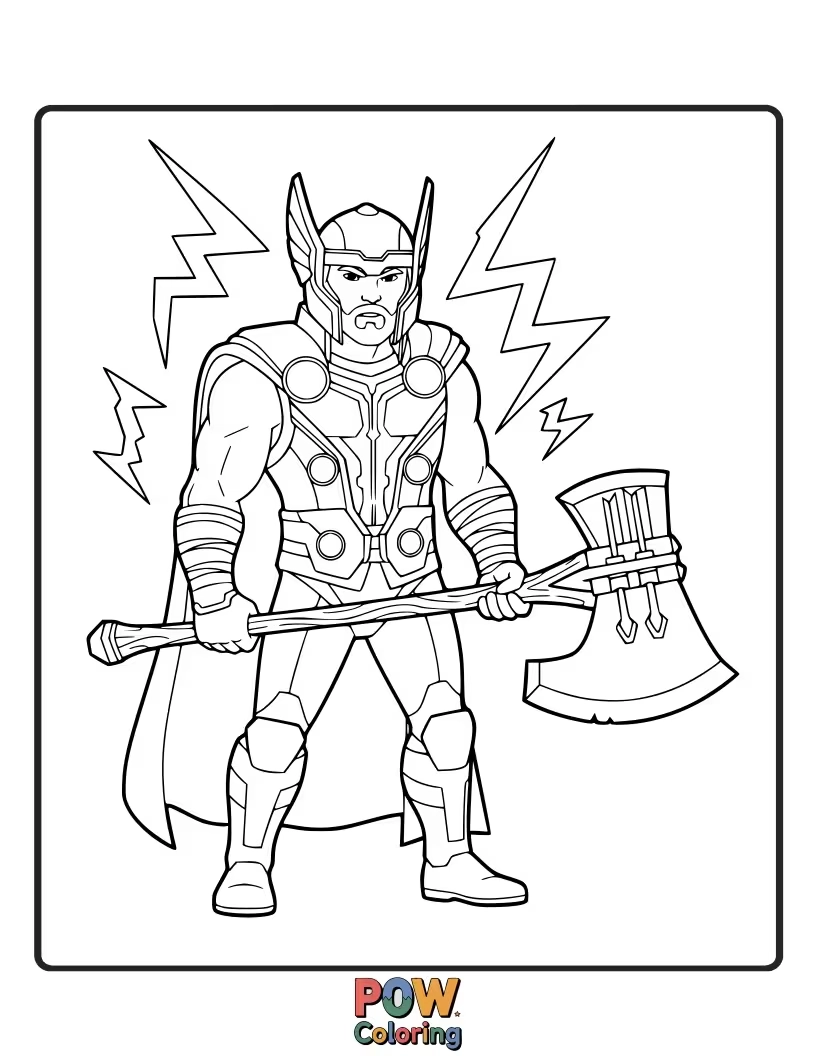 Free coloring page of Focus on Thor's powerful axe, Stormbreaker, with intricate carvings and an aura of might.