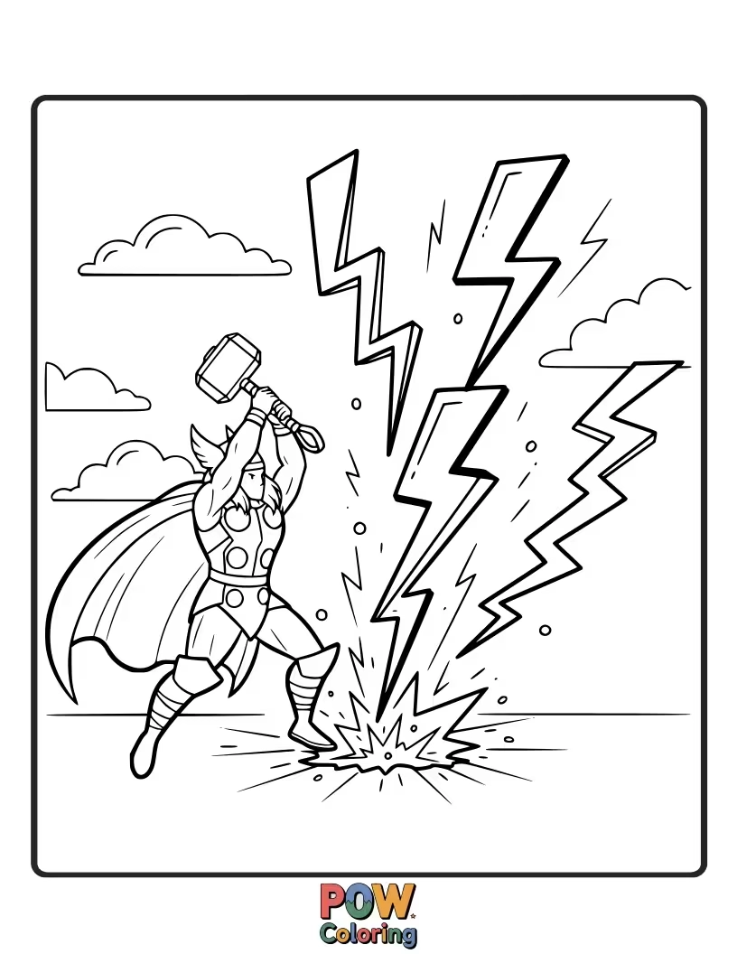 Free coloring page of Illustrate Thor summoning Mjolnir, with dramatic lightning bolts crackling around him. Imagine the vibrant energy!