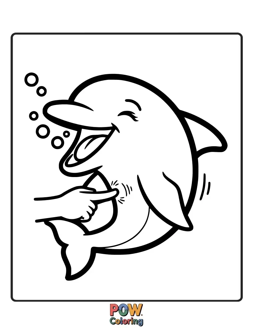 Free coloring page of This dolphin is in stitches, giggling uncontrollably while someone tickles its belly.