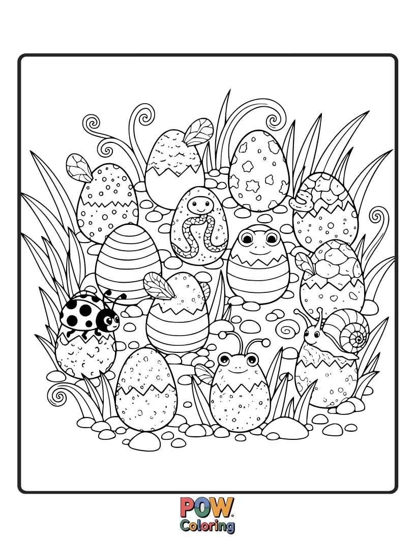 Free coloring page of Several small, adorable eggs, each subtly shaped like or decorated with the features of a different cute animal.