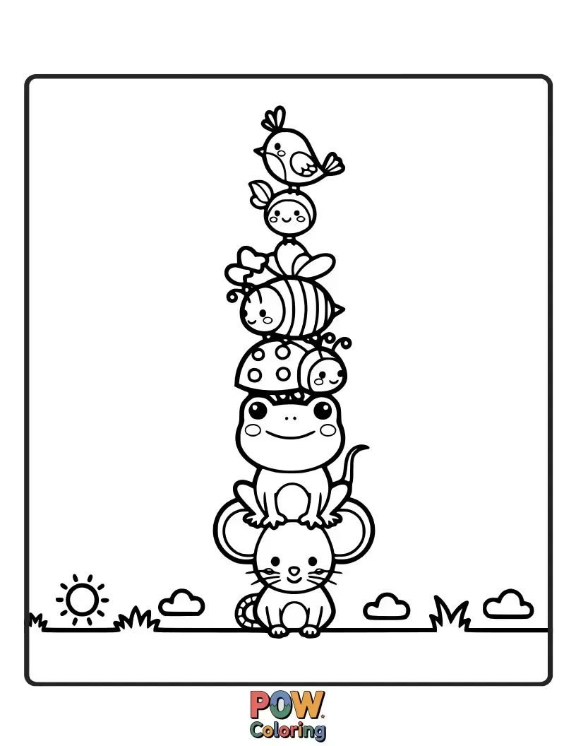Free coloring page of A miniature stack of pancakes, each with a tiny, cute animal peeking out from between the layers.