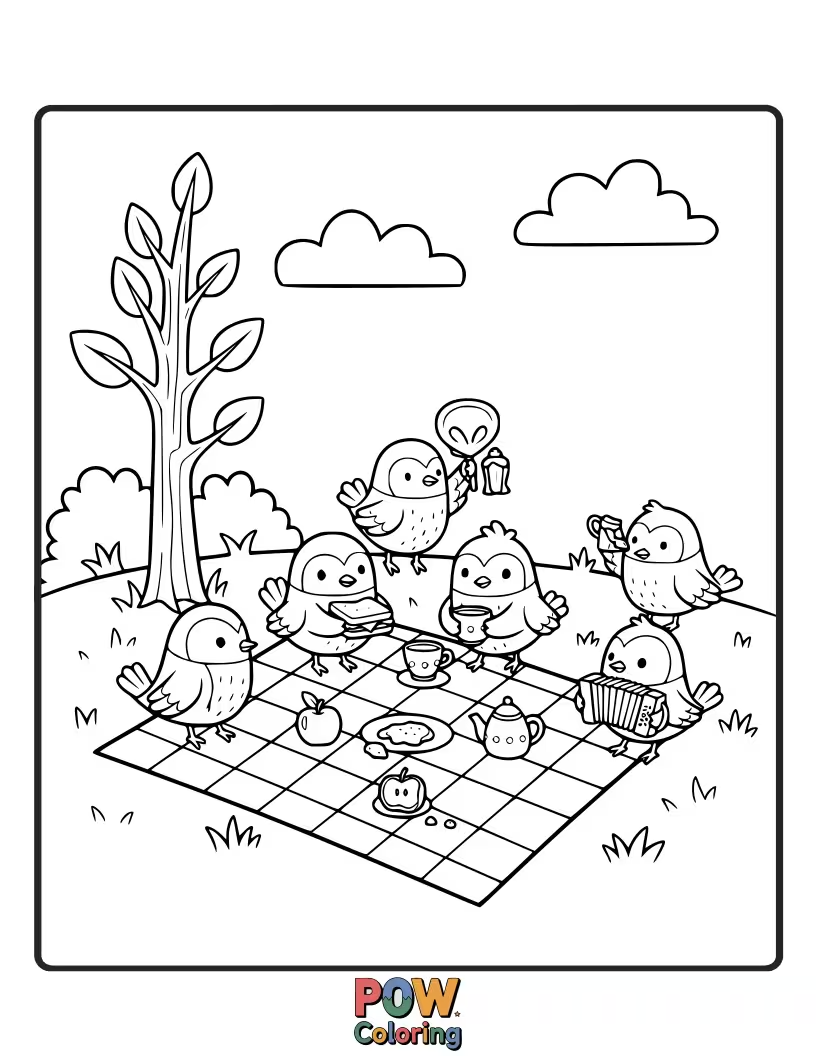 Free coloring page of A group of small, adorable birds enjoying a miniature picnic with tiny sandwiches and fruit.