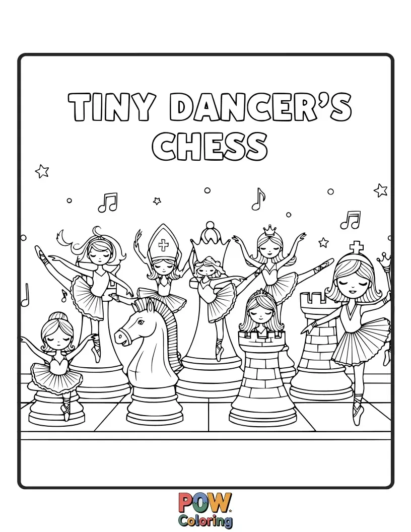 Free coloring page of A ballerina elegantly making a move with her pointed shoe, on a delicate, sequined chess board.