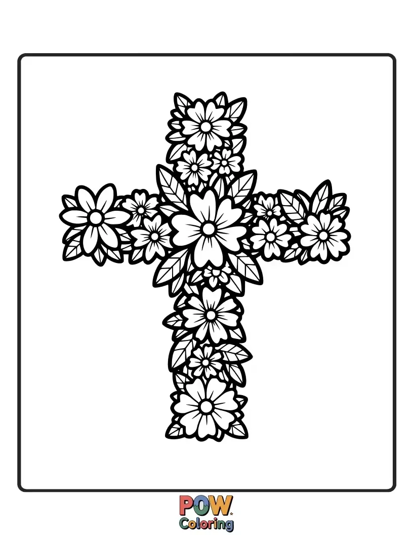 Free coloring page of A delicate cross adorned with charming little wildflowers, perfect for a gentle, uplifting coloring experience.