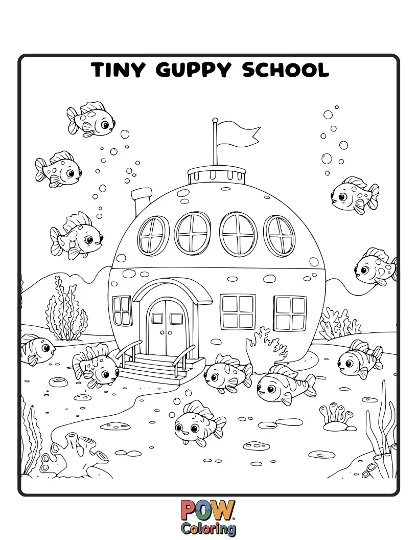 Free coloring page of A group of tiny guppies swimming together, ideal for practicing small, detailed coloring and fine motor control.