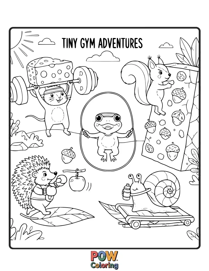 Free coloring page of A group of miniature woodland creatures happily lifting tiny weights and stretching in a forest gym, filled with leafy obstacles.
