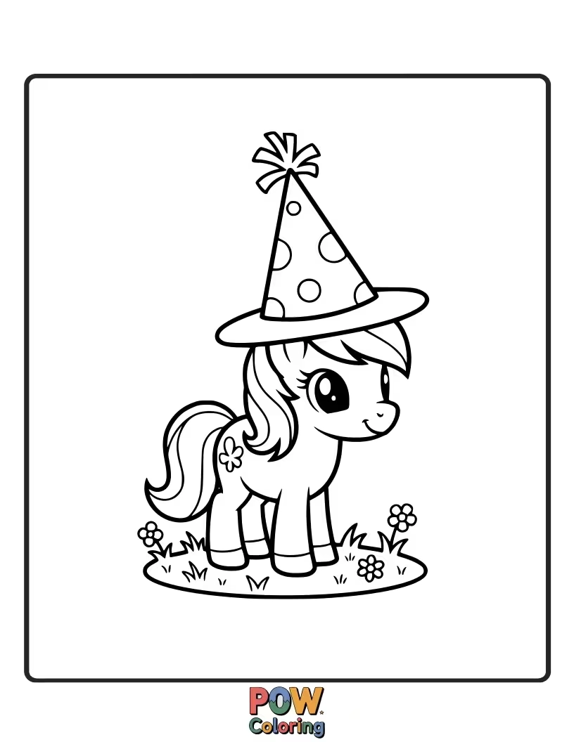 Free coloring page of A sophisticated pony wearing a comically small top hat, looking quite dapper.