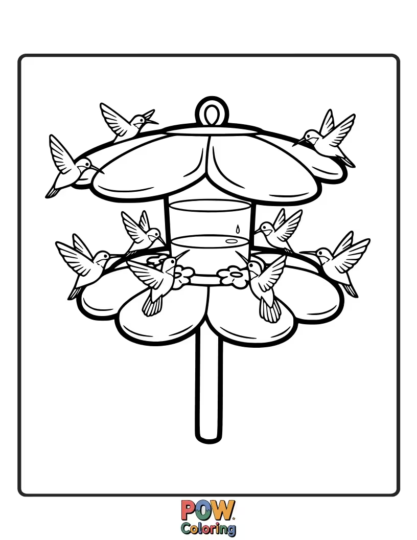 Free coloring page of A delicate hummingbird hovering excitedly around a miniature, ornate hummingbird feeder.