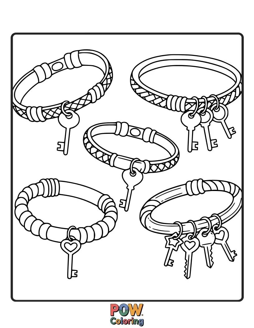 Free coloring page of A collection of small, ornate keys creates a charming and mysterious bracelet. Unlock your creativity.