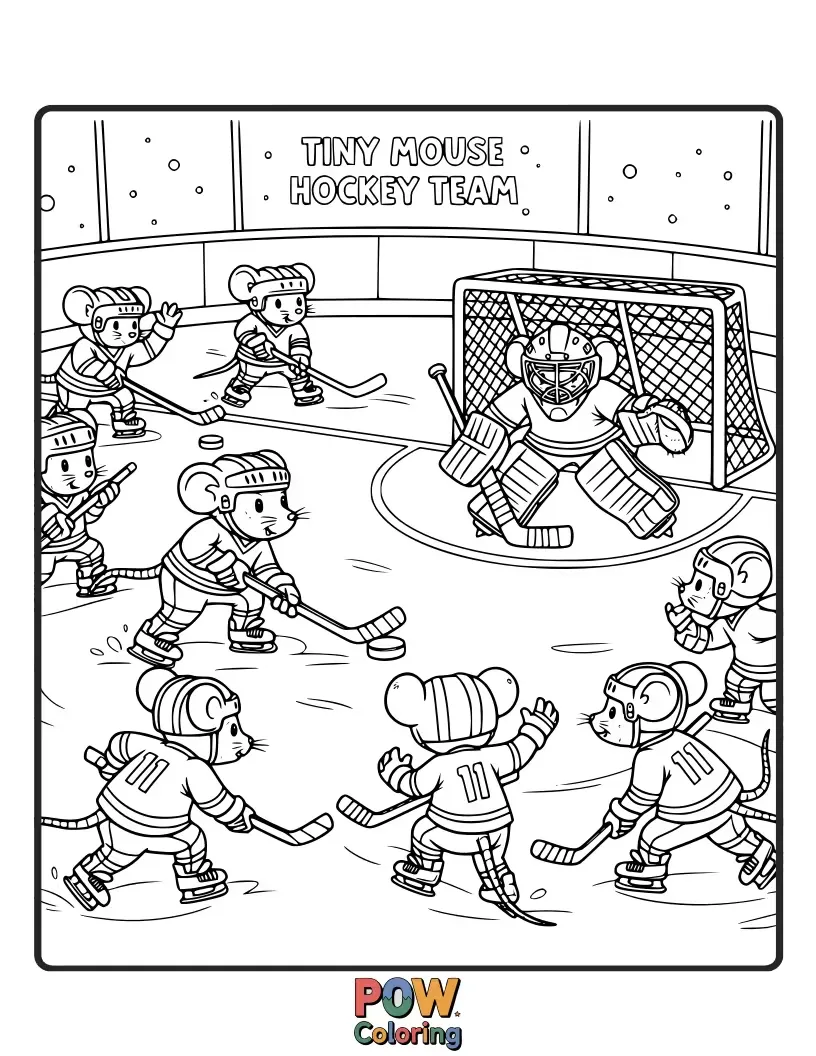 Free coloring page of A team of determined mice, each with tiny skates and sticks, bravely competing against a much larger opponent. Courageous and small!