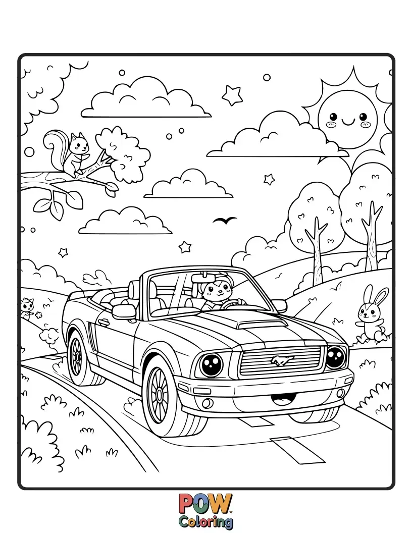 Free coloring page of A miniature Mustang navigates a giant landscape, exploring with wide-eyed wonder.