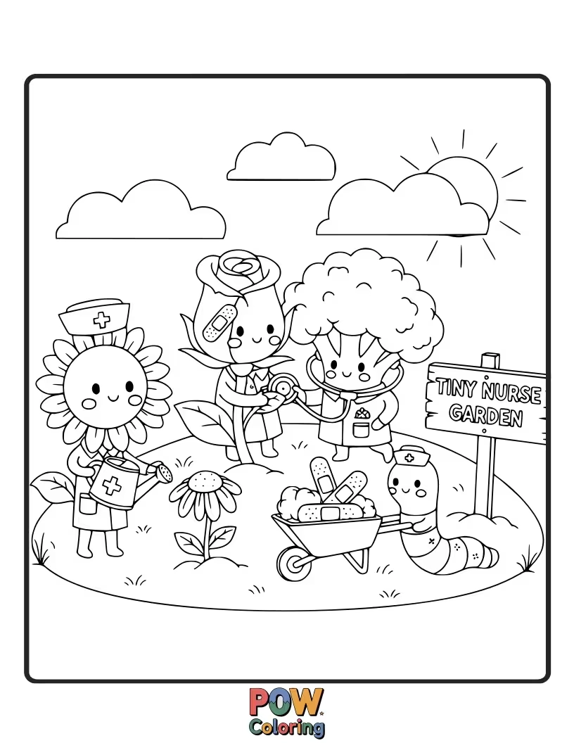 Free coloring page of A miniature nurse tending to a tiny garden of healing herbs, with a ladybug as her assistant.