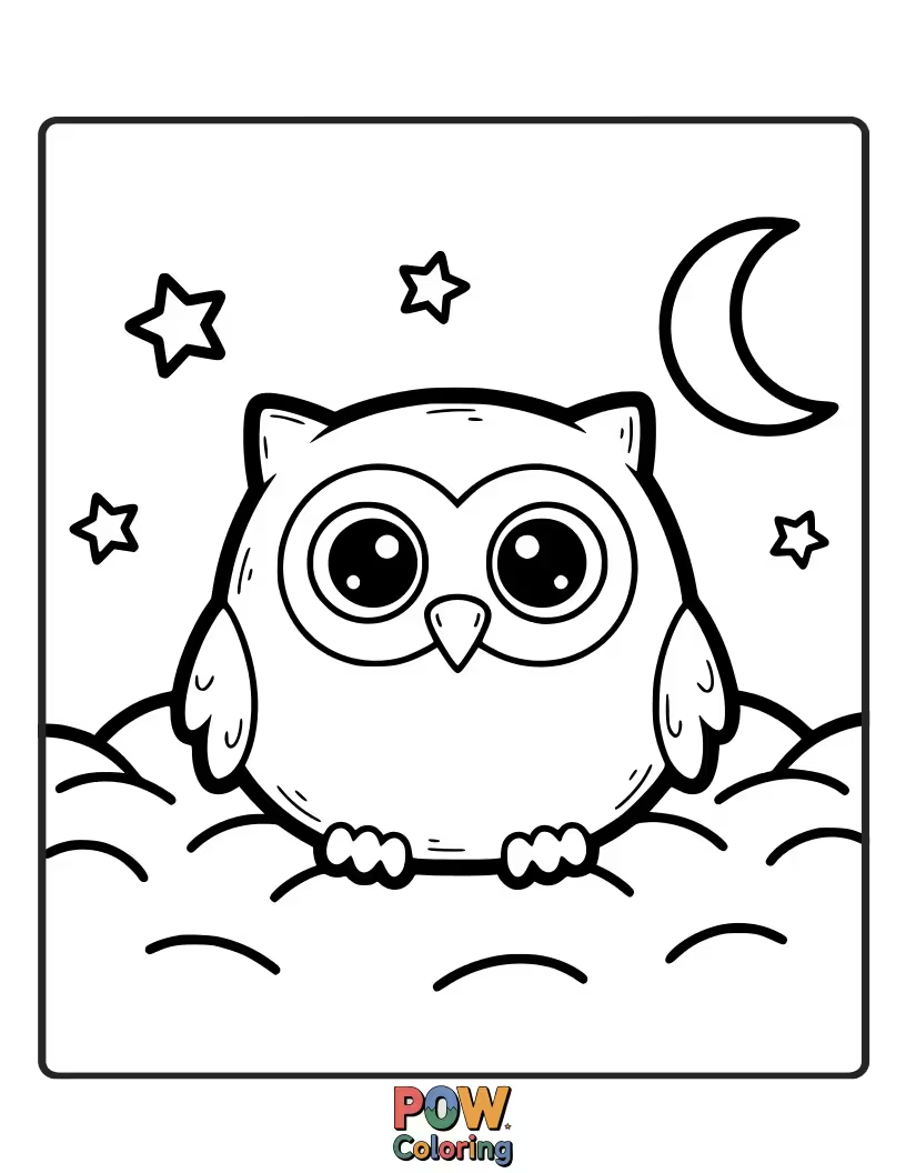 Free coloring page of A wise-looking owl face pillow perched on a soft cushion. Color its big eyes and thoughtful expression.
