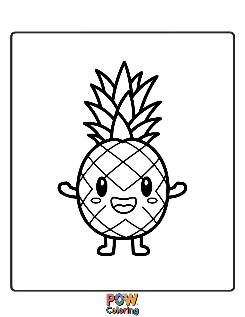 Free coloring page of A baby pineapple with big, curious eyes wearing a tiny party hat, ready for a celebration.