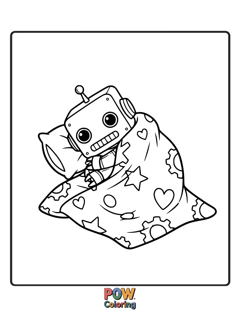 Free coloring page of A friendly little robot snuggled under a metallic-patterned blanket.