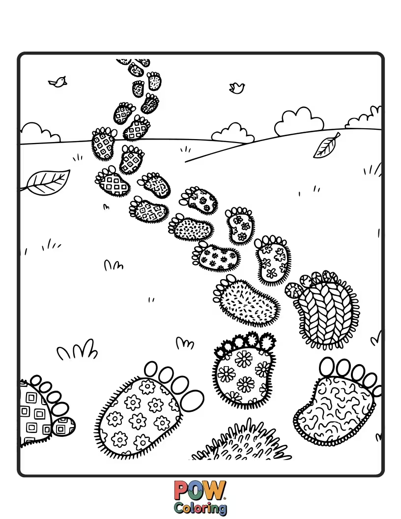 Free coloring page of A small, cozy rug with adorable little animal footprints scattered across it. Imagine tiny paws padding across this sweet floor covering.