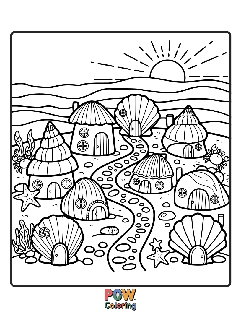 Free coloring page of A collection of various seashells clustered together, resembling charming little houses for miniature ocean folk.
