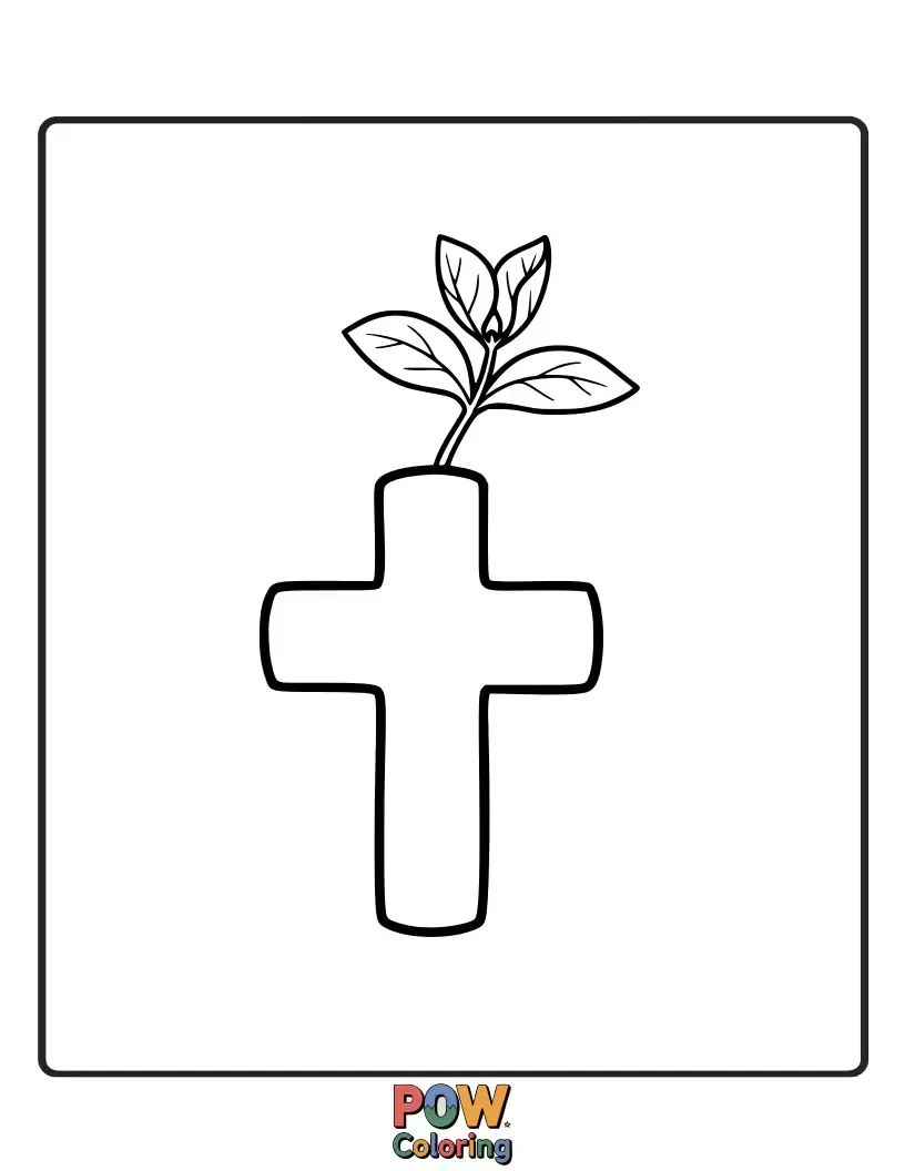 Free coloring page of A sweet cross sprouting tiny leaves and buds, representing growth, new beginnings, and enduring faith.