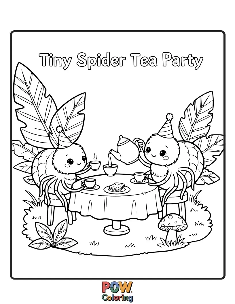 Free coloring page of A group of adorable baby spiders enjoying a charming miniature tea party. Ideal for delicate and sweet coloring.